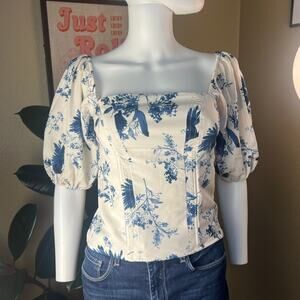 Abercrombie & Fitch A&F White Blue Floral Romantic Off Shoulder Corset Blouse S